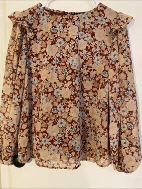 Floral Print Long-Sleeve Blouse in Burgundy
